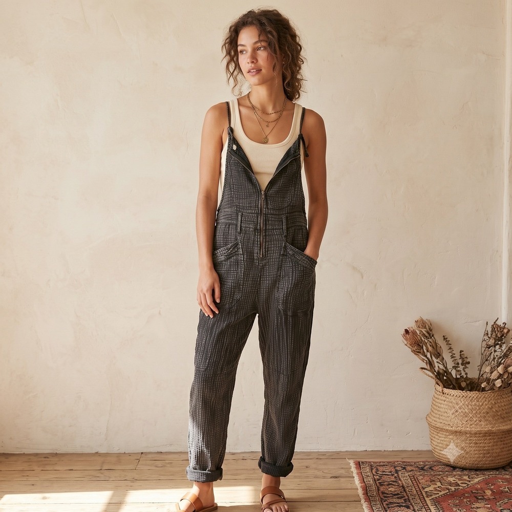 Anthropologie Pilcro Womens Jumpsuit 24P Black Zip Front Printed Boho Overalls